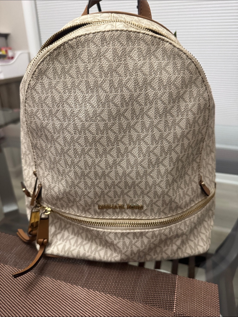Michael Kors Beige Logo Mini Backpack with Gold Hardware